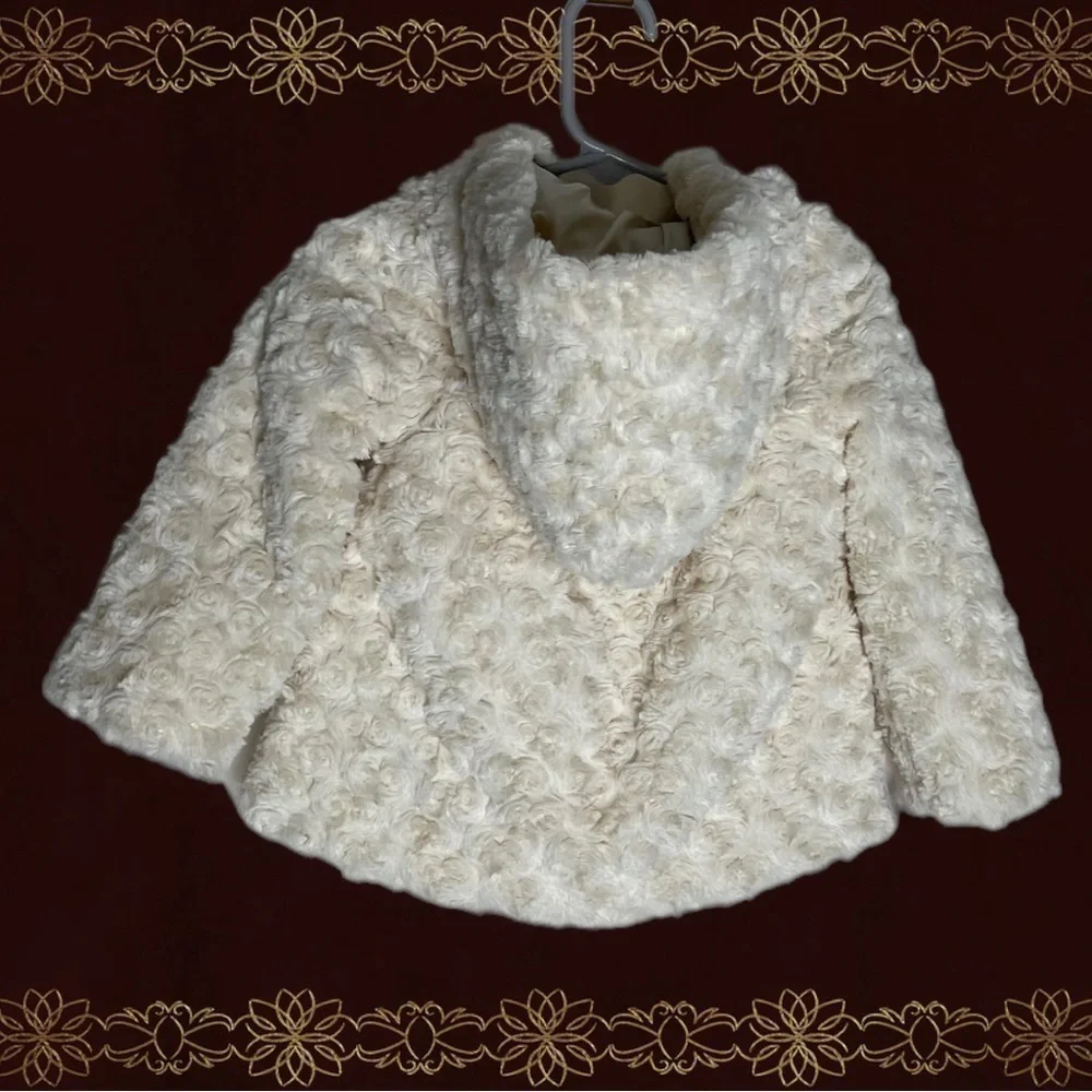 LONDON Fog Girl White Rosette Faux Fur Jacket 12 Month Coat Zipper Button Hooded